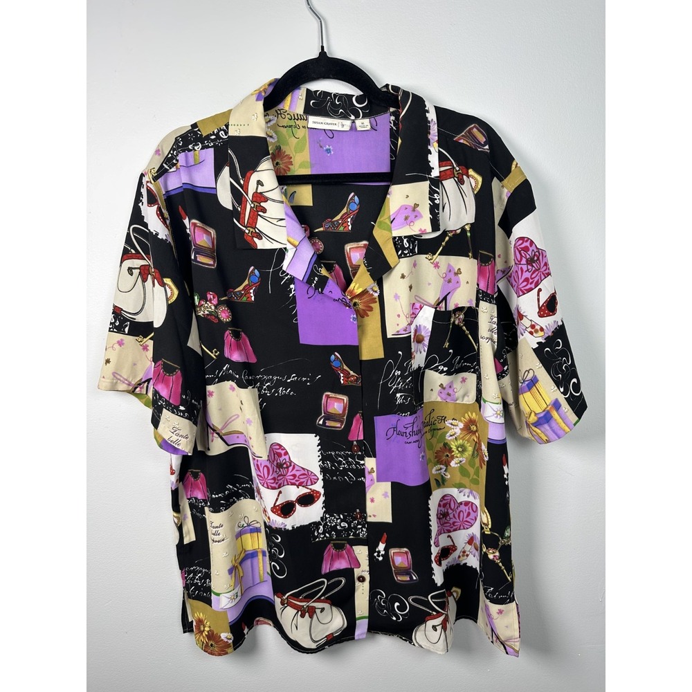 Susan Graver XL Womens Top Button Short Sleeve Girly Makeup Patch Design Colors - Picture 2 of 13
